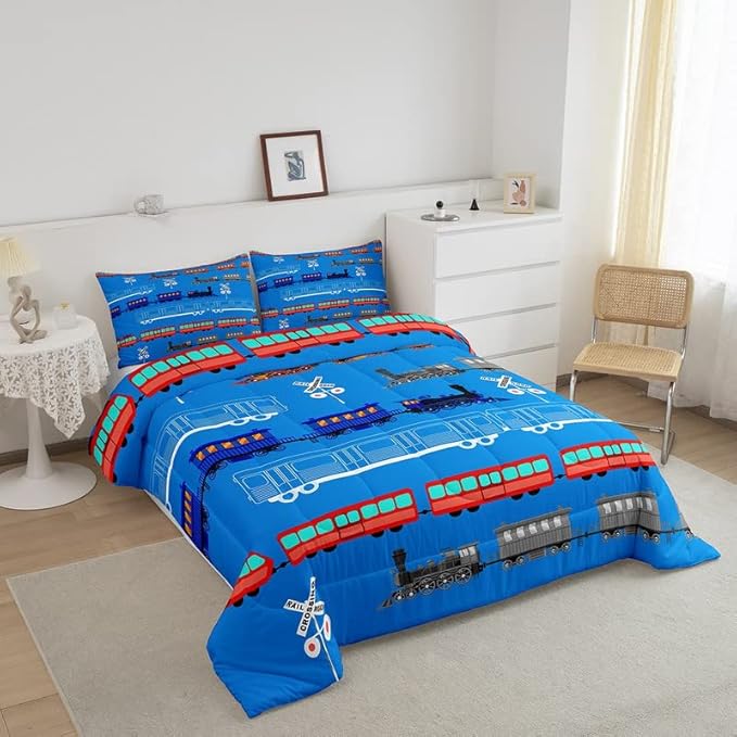Feelyou Cartoon Car Comforter Set for Kids Boys Girls Vintage Car Comforter Train Bedding Set Bedroom Decor Retro Steam Train Blue Light Sign Duvet Set Twin Size Quilt Set 2Pcs