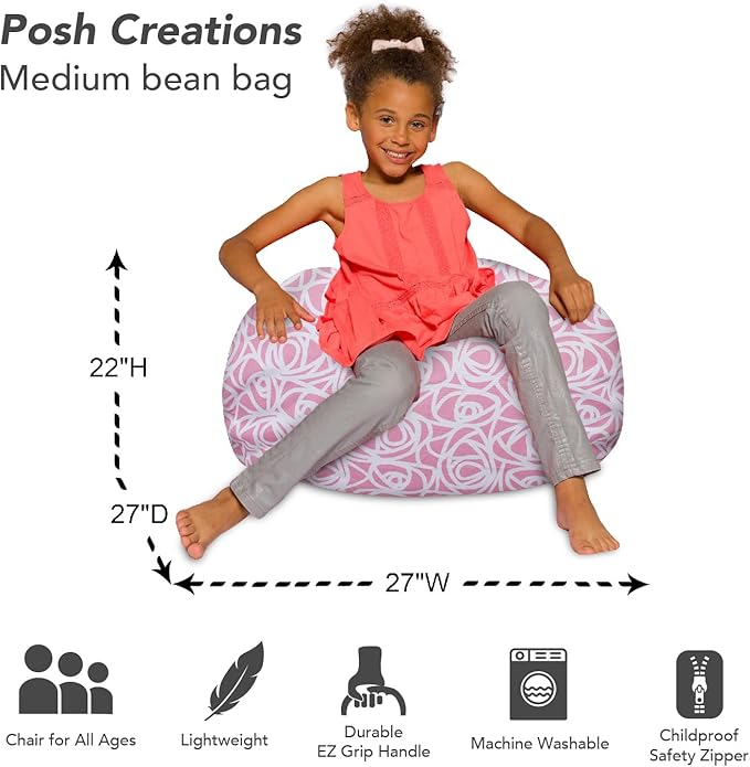 Posh Creations Bean Bag Chair for Kids, Teens, and Adults Includes Removable and Machine Washable Cover, Canvas Roses Pink, 27in - Medium