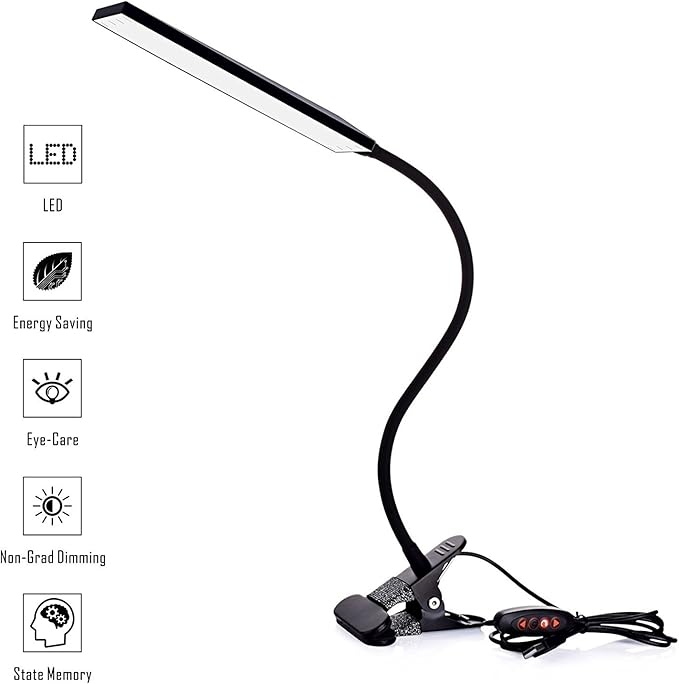 LED Desk Lamp Dimmable Eye-Care Reading Light Office Light Adjustable 3 Color Modes,14 Brightness Levels, Gooseneck Flexible Clip-on Light for Studying, 5W-Black