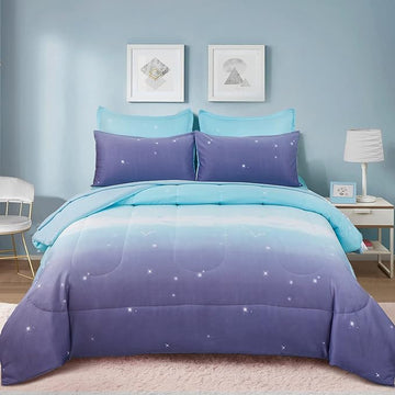 Girls Comforter Set Queen Size 7 Pieces Bed in A Bag Ombre Blue Purple Rainbow Bedding Set Collections for Teen Women (1 Comforter, 1 Flat Sheet, 1 Fitted Sheet, 2 Pillow shams, 2 Pillowcases)