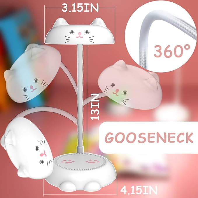 Cute Small Desk Lamp for Kids, Eye-caring Desk Light LED Reading Lamp, 3 Color Dimmable & 45min Timer, Battery Powered Cordless Lamp Rechargeable, Flexible Gooseneck Battery Operated Table Lamp, Cat