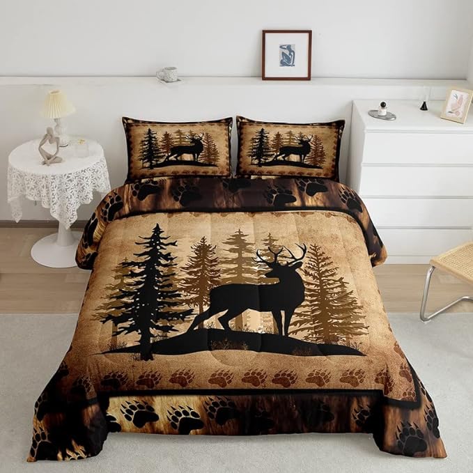 Feelyou Cute Deer Comforter Set for Girls Boys Kids Deer Hunting Bedding Set Room DecorBear Paw Print Tree Bedding Set Exotic Brown Duvet Set King Size 3Pcs Quilt Boys