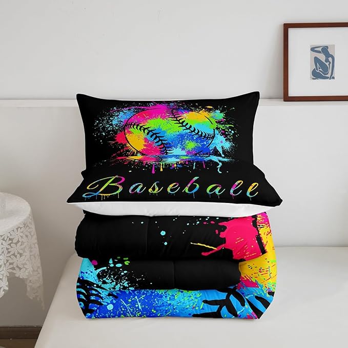 Feelyou Kids Baseball Comforter Set Queen Size Sports Game Bedding Set for Boys Girls Teens Bedroom Decor Baseball Gaming Comforter Women Men Tie Dye Duvet Set with 2 Pillow Case