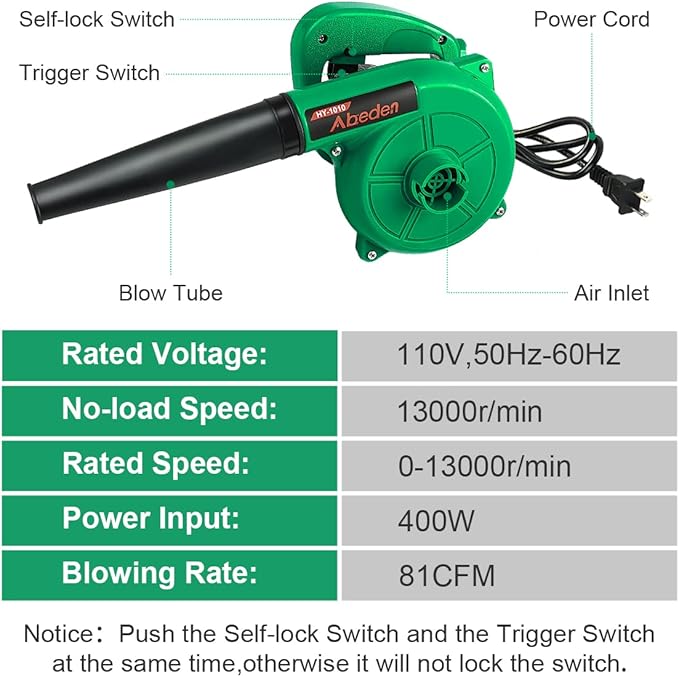 Corded Electric Leaf Blower,2 in 1 Small Handheld Lightweight Sweeper/Vacuum,110V 400W Portbale Blower for Leaf/Snow/Dust Blowing (Green)