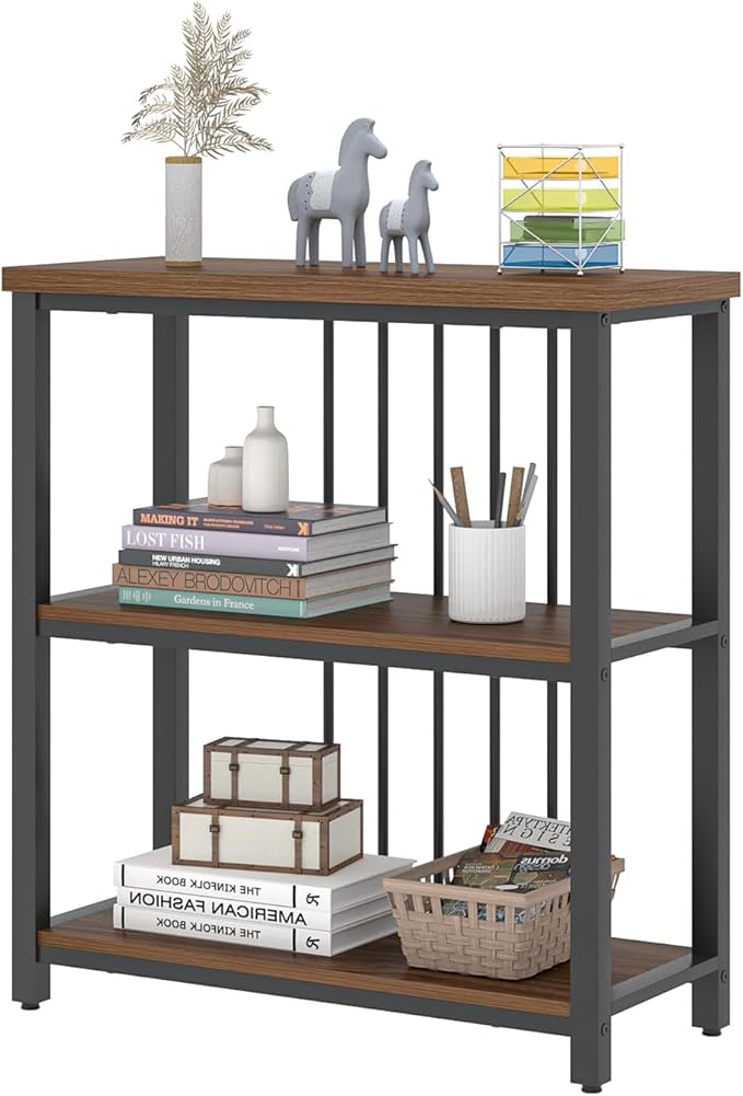 FOLUBAN Bookshelf, Small Modern 3 Tier Bookcase, Wood and Metal Standing Storage Book Shelves for Living Room, Office, Bedroom (Rustic Walnut)