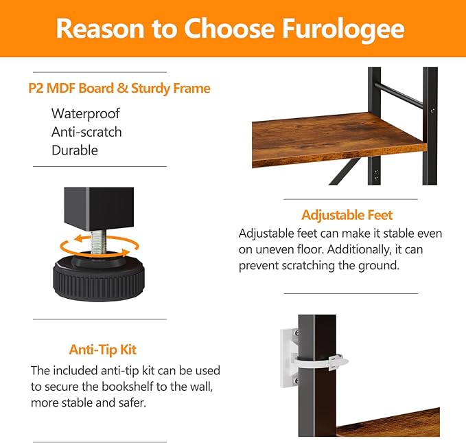 Furologee 6 Tier Tall Bookshelf, Industrial Narrow Bookcase, Display Standing Shelf Units, Metal and Wood Storage Rack Organizer for Living Room, Home Office, Entryway, Kitchen, Rustic Brown