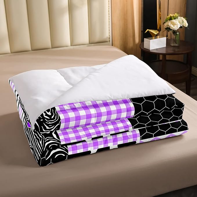 Erosebridal Cute Cow Print Comforter Set Twin Size Kawaii Highland Cow Bedding Set Bedroom Decor Honeycomb Plaid Pattern Geometric Stripes Down Comforter Farm Animals Duvet Set, Purple Black Grey