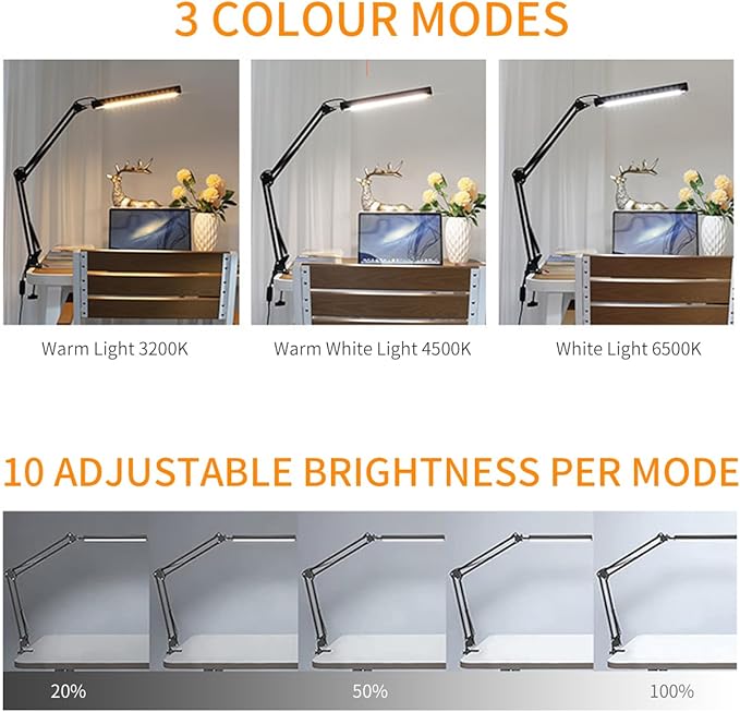 LED Metal Swing Arm Desk Lamp with Clamp, 14W Eye-Caring 3 Modes, 30 Brightness Dimmable, Memory Function/USB Adapter, Architect Table Light for Home Office (Black)