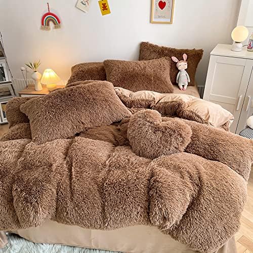 Faux Fur Kids Girls Coffee Comforter Sets King - 3PC Bed Set Warm Comfortable Soft Plush Flannel Velvet Fluffy Fuzzy Bedding（Comforter x 1 Pillowcases x 2）