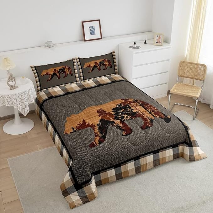 Cute Bear Comforter Set Wild Animal Bedding Set for Teens Nature Wildlife Bear Bedding Set Western Farmhouse Orange Grey Duvet Set Room Decor King Size Duvet Set 3Pcs Boys