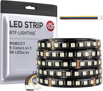 BTF-LIGHTING RGBCCT 5 Colors in 1 LED Tape Lights 5050SMD RGBWW RGB+Dimmable Color Temperature 2700K-6500K 16.4ft 96LED/m 480LED IP65 DC24V Black PCB for Home Decoration(No Adapter or Controller)