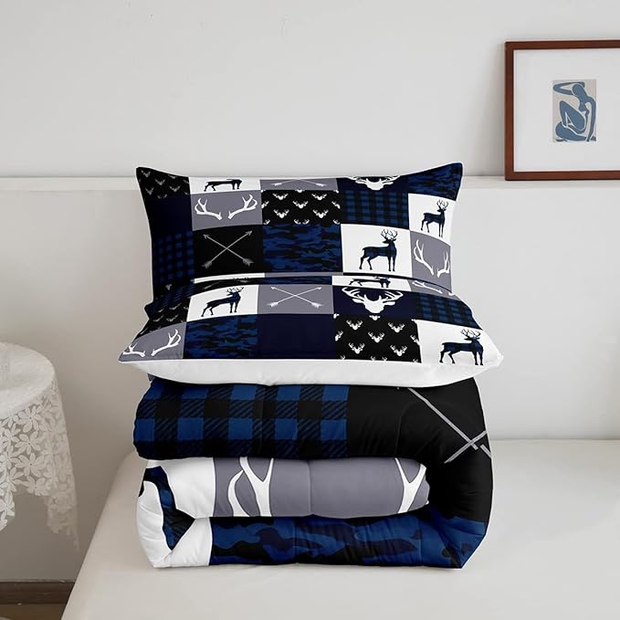 Manfei Camo Deer Antlers Comforter Set King Size,Geometric Plaid Patchwork Bedding 3pcs for Kids Teens Girls Boys Bedroom/Xmas Decor,Boho Arrows Quilt Set,Blue Grey Rustic Duvet Insert,2 Pillowcases