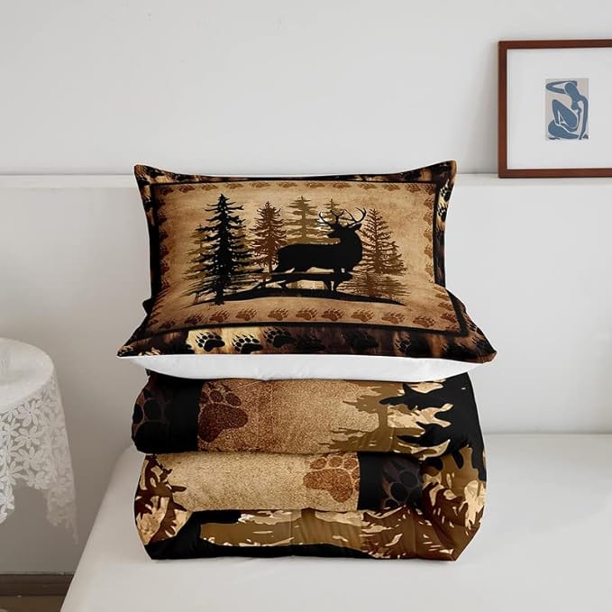 Feelyou Cute Deer Comforter Set for Girls Boys Kids Deer Hunting Bedding Set Room DecorBear Paw Print Tree Bedding Set Exotic Brown Duvet Set King Size 3Pcs Quilt Boys