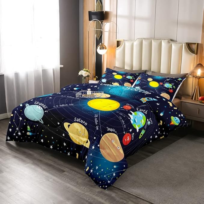 Erosebridal Outer Space Comforter Set Starry Sky Bedding Set Twin Size for Kids Boys Girls Room Galaxy Planet Space Duvet Sets Solar System Cartoon Down Comforter 2 Pieces with 1 Pillow Case, Blue