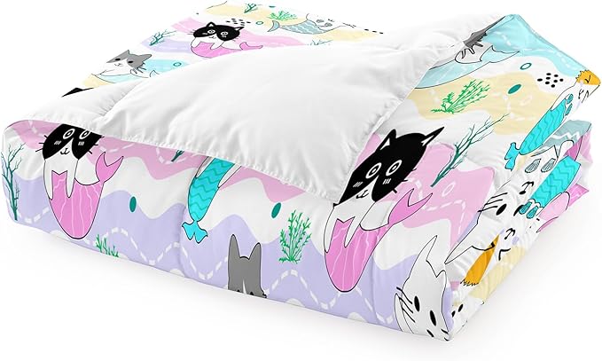 Girls Cat Bedding Set Queen Size - 3Pcs Cute Cartoon Mermaid Tail Cat Patterns Comforter Set for Girls Boys Kids Bedroom Cat Bedding Room Decor for All Season, 1 Comforter 2 Pillow Cases