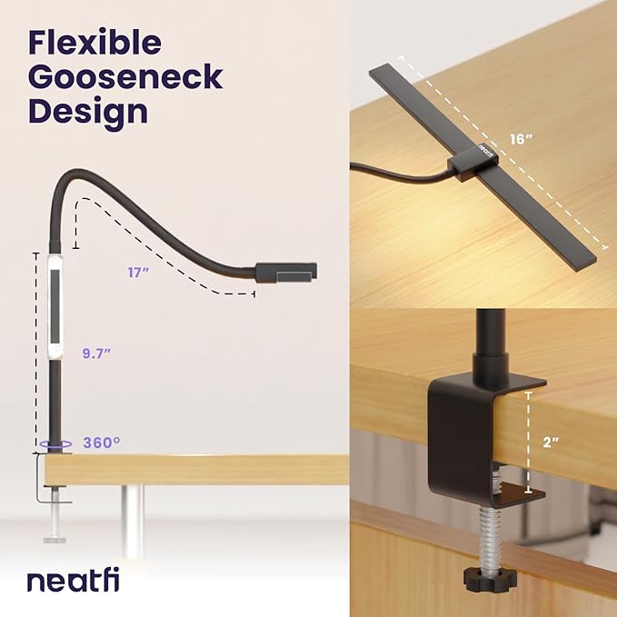 Neatfi Modern Desk Lamp with Clamp, Touch & Remote Controlled, 15W, Adjustable Color Temperature (3000K-6000K), Stepless Dimming, Flicker-Free, Wide-Angle Lighting for Home (Gooseneck, Black)