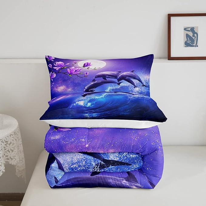 Erosebridal Dolphin Ocean Comforter Set Queen,Coastal Stars Moon Galaxy Bedding Set Cherry Blossoms Sky Starry Comforter for Girls Teen Women Sea Animal Quilted Duvet Purple Blue 2 Pillow Cases