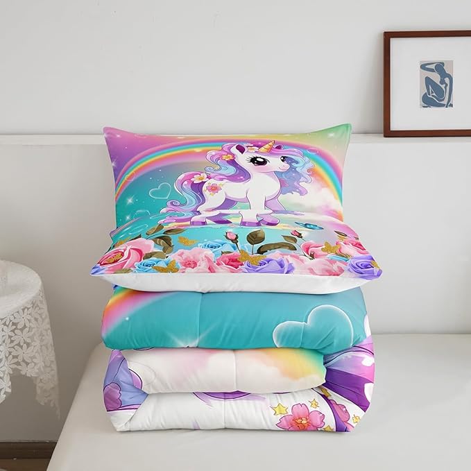 Cartoon Unicorn Kids Comforter Set Queen Size,Roses Flowers Butterfly Princess Bedding Set,Girls Women Room Decor,Rainbow Unicorn Cute Down Comforter,Pink Blue Romantic Duvet Insert,2 Pillowcases