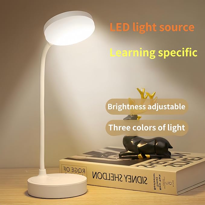 Small desk lamp USB rechargeable desk lamp with 3 color modes, dimmable learning lamp for learning, reading and writing, art and handicrafts, nail art, flexible gooseneck desk lamp
