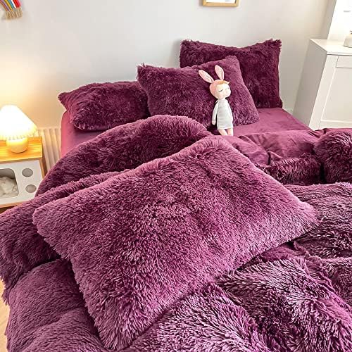 Faux Fur Kids Girls Grape Purple Comforter Sets King - 3PC Bed Set Warm Comfortable Soft Plush Flannel Velvet Fluffy Fuzzy Bedding（Comforter x 1 Pillowcases x 2）