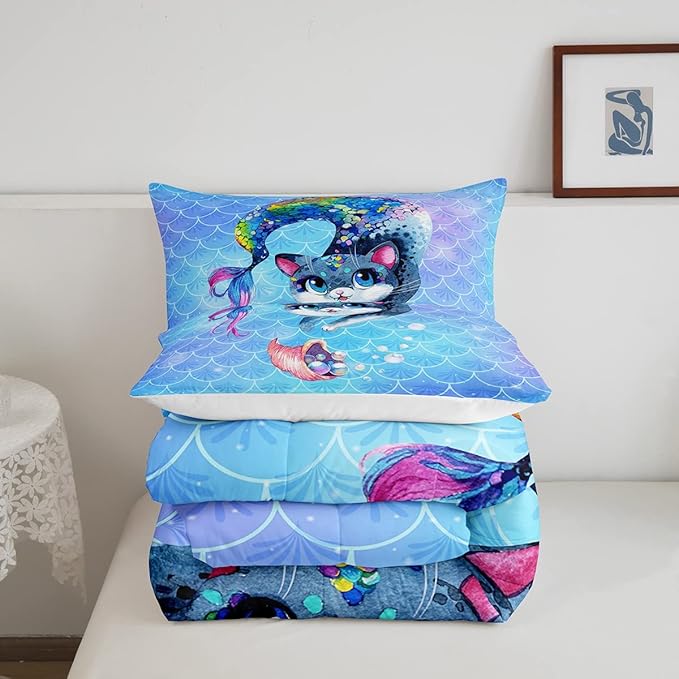 Rainbow Cartoon Cat Bed Sheet Set Colorful Mermaid Comforter Set for Kids Boys Girls Teens Room Decor Blue Mermaid Scales Bedding Set Set Ocean Gradient Bed Cover 3Pcs Full Size Boys