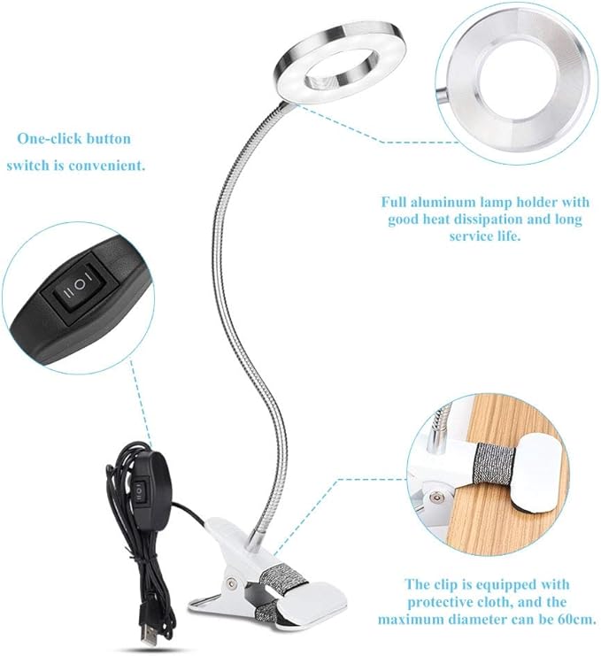 ANGGREK 360 Clip-On Desk Lamp, Flexible USB LED Lamp Gooseneck Light with 2-Color Mode and 2-Level Dimmer Eye Care Book Light Bed Lamp 7W