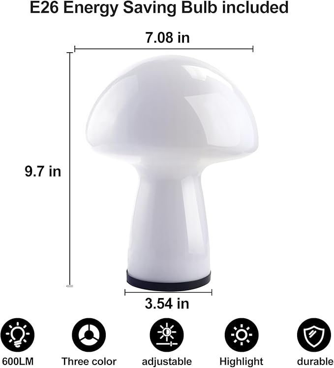 Mushroom Lamp,Glass Table Bedside Lamps,Translucent Vintage Style Striped Small Night Mushroom Decor Light for Ambient,Kids,Bedroom,Living,Gift (milk white)