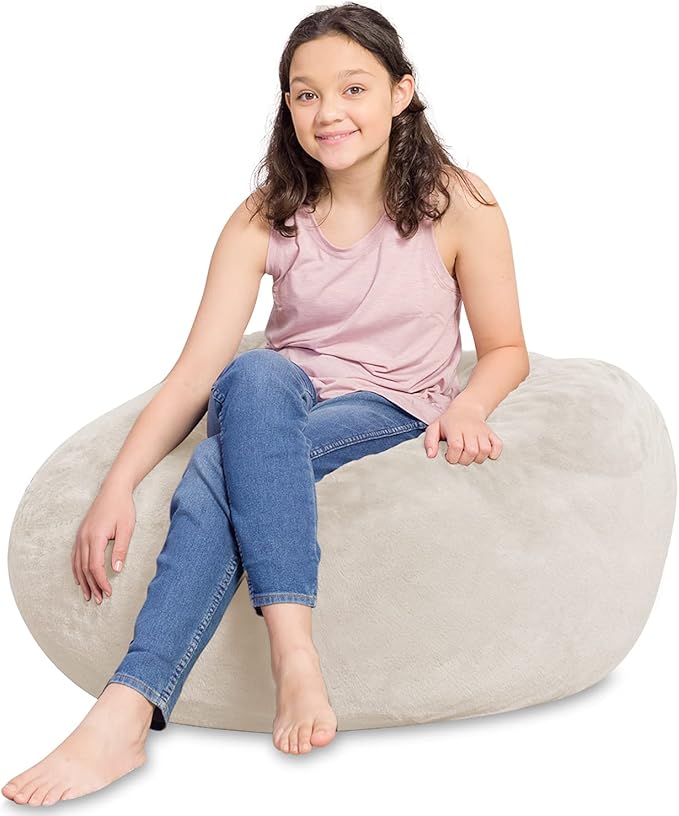 Posh Creations Bean Bag Chair for Kids, Teens, and Adults Includes Removable and Machine Washable Cover, Soft Faux Rabbit Fur - Cream, 38in - Large