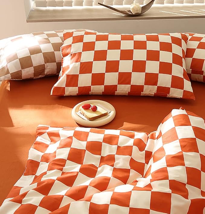 Orange White Grid Comforter Set Cal King Burnt Orange Plaid Bedding Set Women Reddish and White Checkered Bed Comforter Set Breathable Blanket Set Men Durable Bedding Comforter Set
