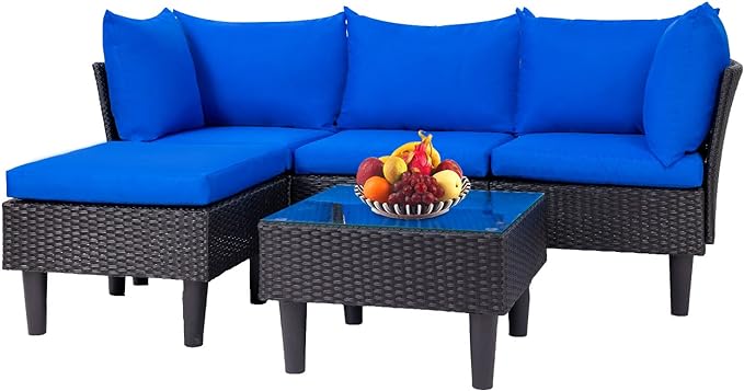 FDW 5 Pieces Patio Furniture Sets Outdoor Sectional Sofa Wicker Chair Rattan Conversation Set for Outdoor Backyard Porch Poolside Balcony Garden Furniture with Coffee Table,Blue Cushion