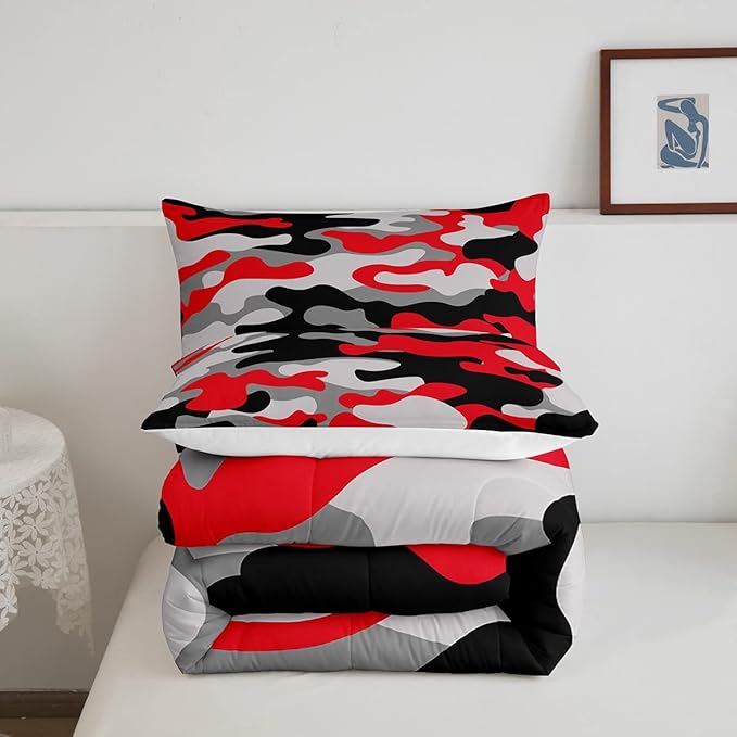 Full Size Camouflage Comforter Set 3Pcs Kids Bedding Set for Boys Girls Teens 1 Comforter & 2 Pillowcases(Full,Red Black) Boys