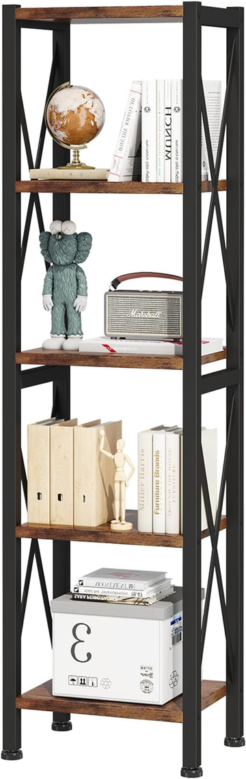 5-Tier Narrow Bookshelf, Ladder Bookshelf, Tall Bookshelf for Bedroom with Open Shelves, Office Bookshelf, Industrial Standing Bookshelf for Bedroom, Living Room and Home Office