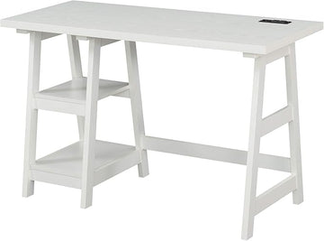 Convenience Concepts Designs2Go Trestle Desk with Charging Station and Shelves, White