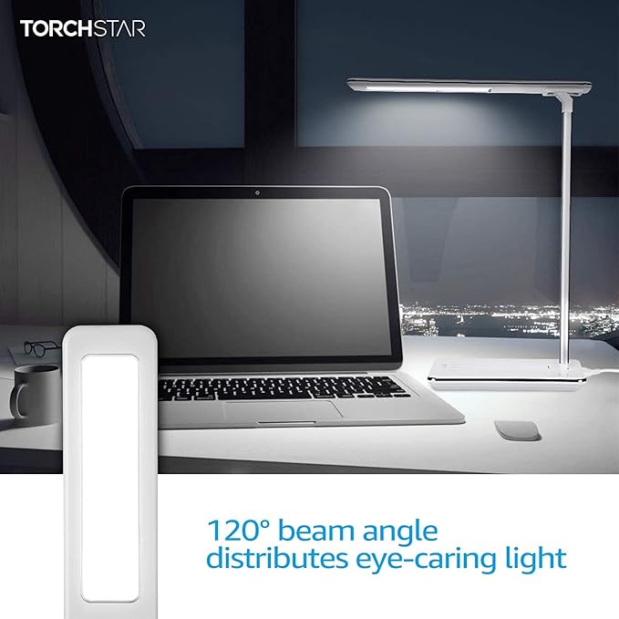 TORCHSTAR LED Desk Lamp, Dimmable Desk Lights for Reading, Table Lamps with USB Charging Port, Touch Control, 3 Color Modes, Fully Adjustable Brightness, Dorm Room, 1 & 2 Hour Auto Timer, White