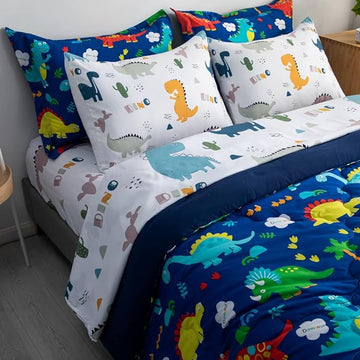 Wajade 7 Piece Kid Boys Dinosaur Comforter Set Twin Size 3D Blue Dinosaur Wild Park Jungle Print Bedding Set with Comforter, Sheet Set, Pillowcase and Sham