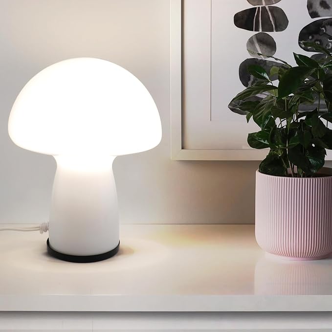 Mushroom Lamp,Glass Table Bedside Lamps,Translucent Vintage Style Striped Small Night Mushroom Decor Light for Ambient,Kids,Bedroom,Living,Gift (milk white)