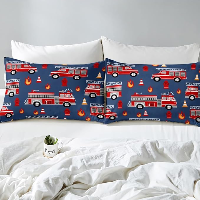 Cartoon Car Bedding Set Fire Truck Comforter Set for Kids Boys Girls Teens Room Decor Firefighter Comforter Firemen Car Vehicle Fire Engine Blue Red Duvet Set 2Pcs Twin Size
