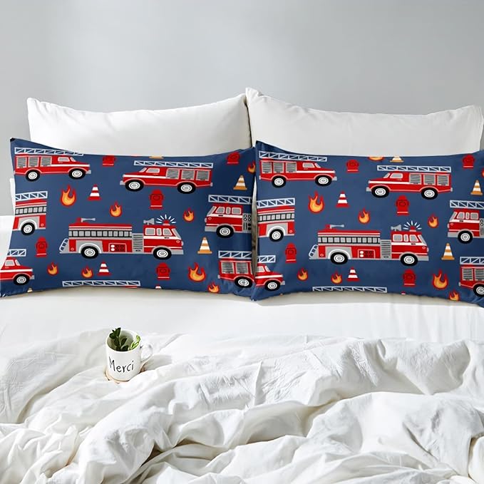 Cartoon Car Bedding Set Fire Truck Comforter Set for Kids Boys Girls Teens Room Decor Firefighter Comforter Firemen Car Vehicle Fire Engine Blue Red Duvet Set 3Pcs Queen Size