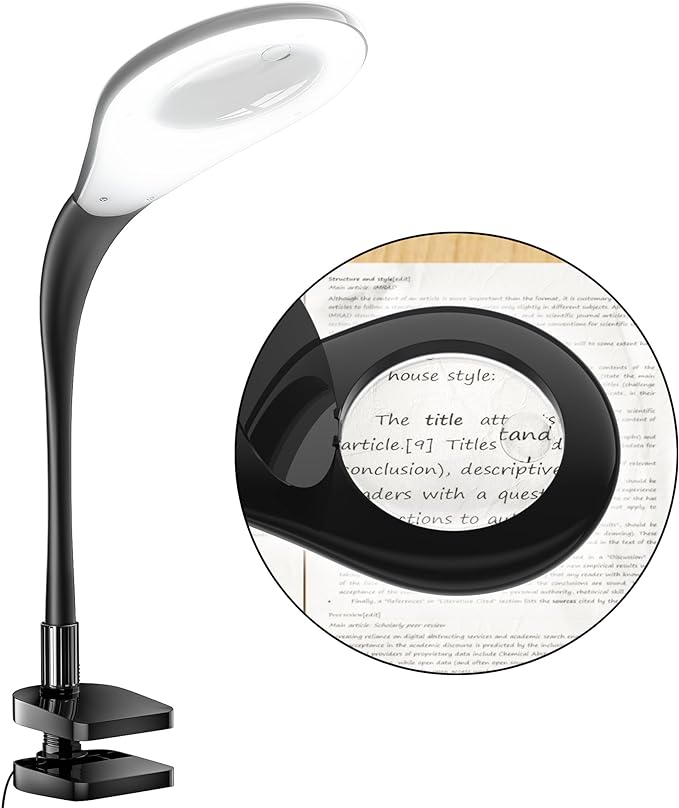 Magnifying Glass with Light, Flexible Gooseneck 3X&5X Glass Lens LED Magnifying Desk Lamp with Clamp, Hand Free Magnifying Lamp with Dust Cover for Reading, Painting, Craft, Repair