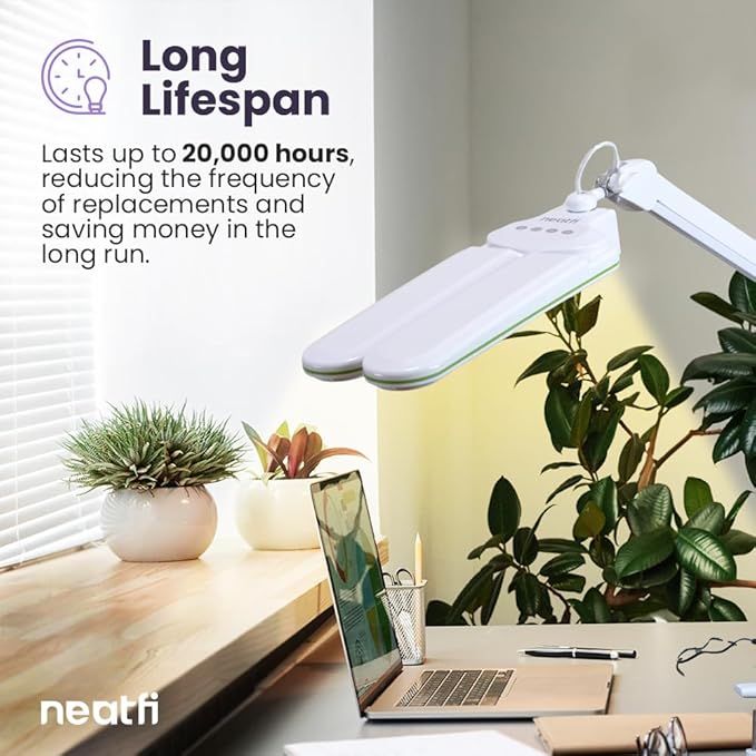 Neatfi Elite HD XL Task Lamp, 3 Light Modes, 90PCS SMD LED, Super Bright Desk Lamp, Eye-Caring LED Lamp, Non-Polar Dimming, Adjustable Brightness Levels (CCT with Clamp, Green Ring, 17 Inches)