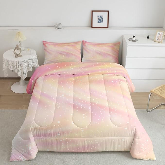 Girls Pastel Bedding for Kids Toddlers, Glitter Galaxy Space Bedding Comforter Sets Gradient Sparkle Comforter Set for Boys Girls Bedroom, Tie Dye Pastel Bedroom Decor 3 Pcs, Full ( Pink Yellow)