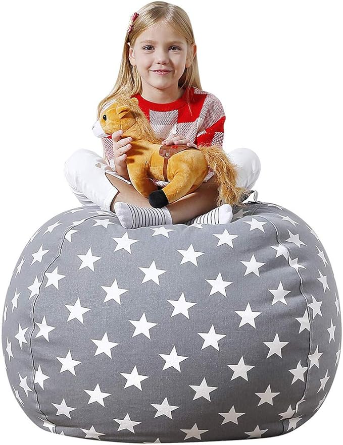 Aubliss Stuffed Animal Bean Bag Storage Chair, Beanbag Covers Only for Organizing Plush Toys, Turns into Bean Bag Seat for Kids When Filled, Medium 32"-Canvas Stars Grey