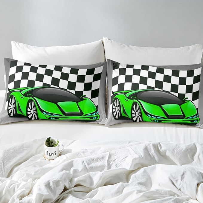 Erosebridal Kid Comforter Set King Size, Racing Car Bedding Set for Boys Girls Teen Kids Children Car Racing Gifts, Race Cars Quilt with 1 Comforter 2 Pillowcases,Green Grey Race Car Decor for Room