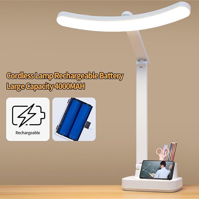 Cordless Rechargeable Desk Table Lamp Big Battery 4000MAH,Tall Reading Light 24inch /Bright 60 LED 8W / Touch Dimmable/Multifunctions,Wireless Lamp for Home Bedroom Bedside Office Dorm