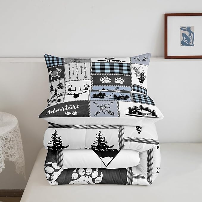 Deer Bear Kids Comforter Set Full Size,Hunting Adventure Rustic Farmhouse Bedding Set for Boys Girls Adults Room Decor,Geometric Plaid Patchwork Down Comforter,Blue Xmas Duvet Insert,2 Pillowcases