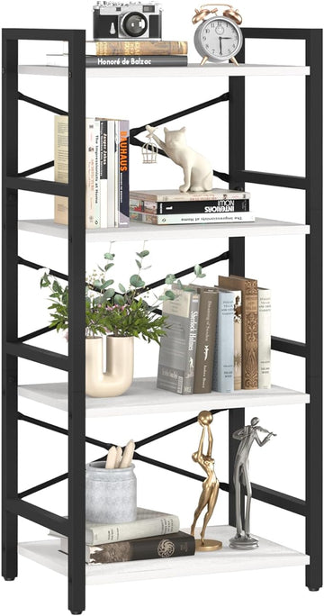 Yoobure 4 Tier Bookshelf - Small Book Shelf Industrial Bookcase, Narrow Book Case Book Storage Organizer for CD/Movie/Book, Bookshelves for Bedroom Office Living Room White