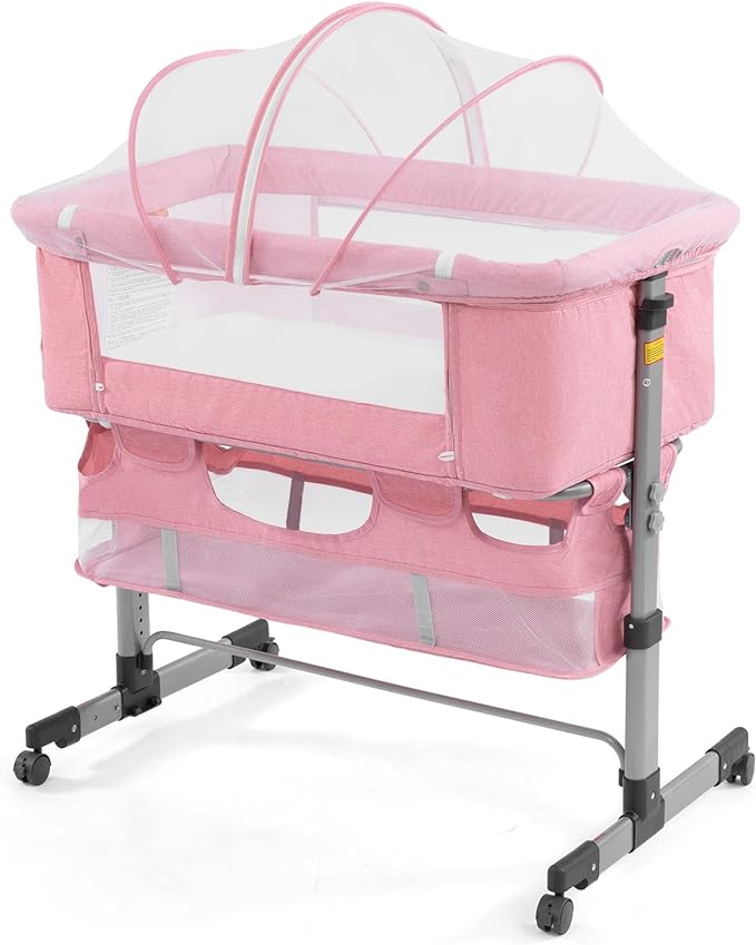 3 in 1 Travel Baby Crib,Baby Bed with Breathable Net,Adjustable Portable Bed for Infant/Baby with Detachable Mosquito net and Mattress,Pink
