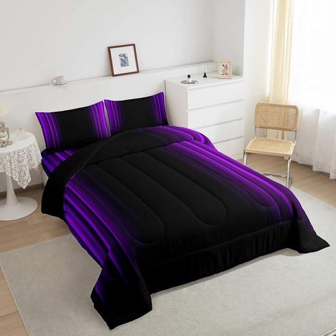Geometric Abstract Ombre Comforter Set Kids Teens Purple and Black Striped Bedding Bed Set Decor Modern Fashion Comforter Inner Fill Bedroom Collection 3Pcs Full Size