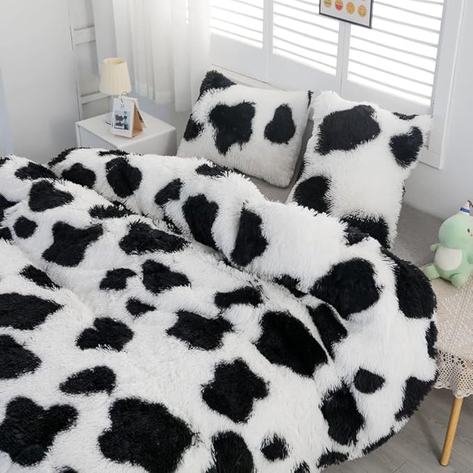 Faux Fur Kids Girls Cow Print Comforter Sets Twin/Full - 3PC Bed Set Warm Comfortable Soft Plush Flannel Velvet Fluffy Fuzzy Bedding（Comforter x 1 Pillowcases x 2）
