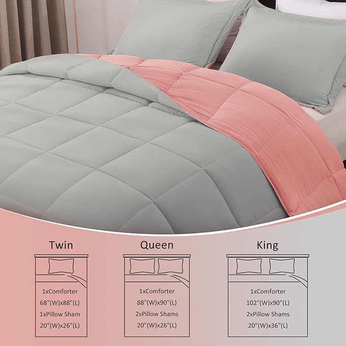 Basic Beyond Queen Comforter Set - Fluffy Comforter Queen Set for All Seasons - Reversible Pink Comforter Set Queen for Mens - 3 Pieces (1 Comforter + 2 Pillow Shams) - Pink/Grey